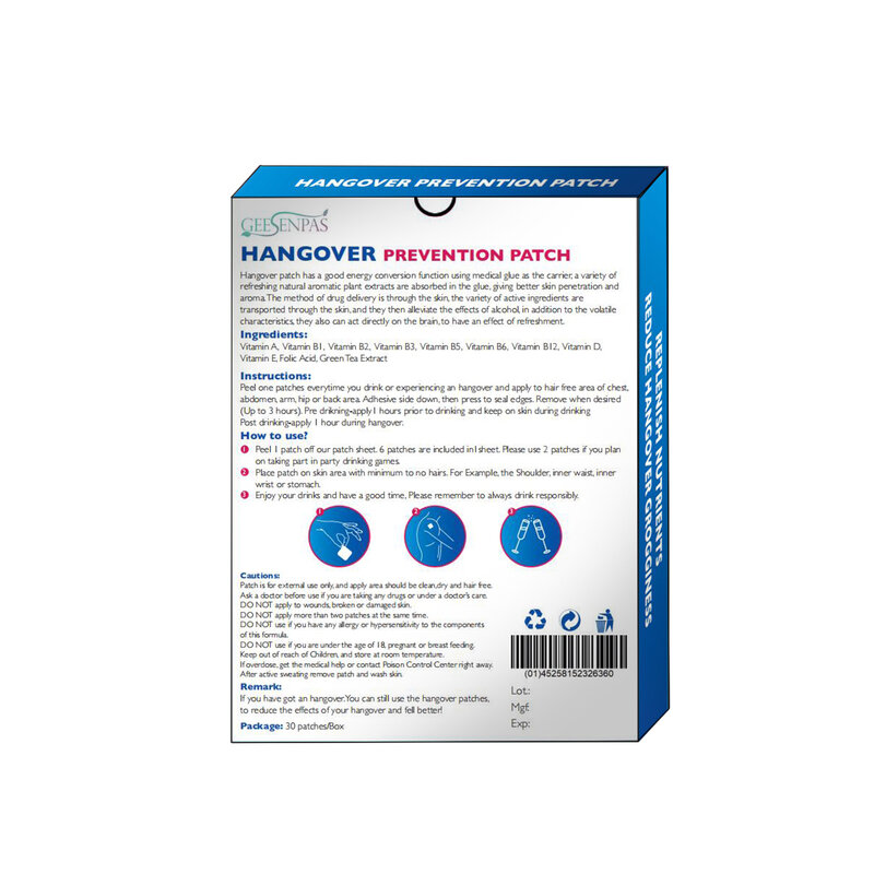 1 caixa/30 pçs adesivos anti-ressaca medicina erval chinesa recuperar mais rápido ou evitar ressacas reduzir o dano do álcool
