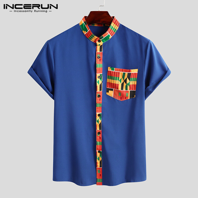 INCERUN Kaus Kerah Tegak Lengan Pendek Bunga Pria Baju Motif Etnik Vintage Kancing Longgar Streetwear Pakaian Afrika S-3XL 7