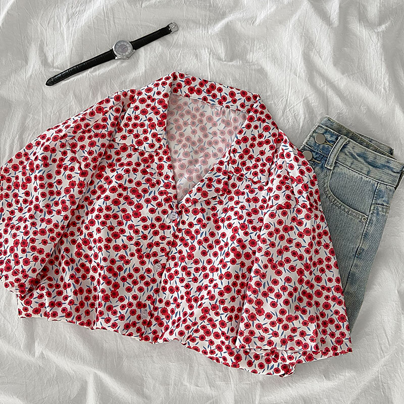 Летняя женская рубашка в стиле Харадзюку EBAIHUI, винтажная блузка с цветочным принтом, Женская Повседневная Свободная рубашка с коротким рука...