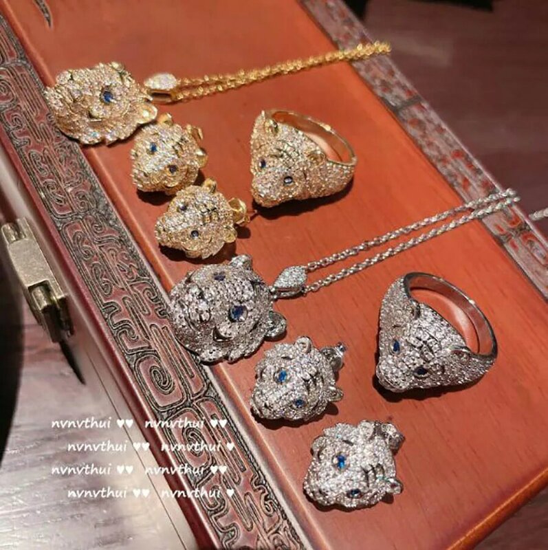 Zircão completo negrito tigre anel para mulher azul gem animais leopardo colar brinco clássico conjunto de jóias