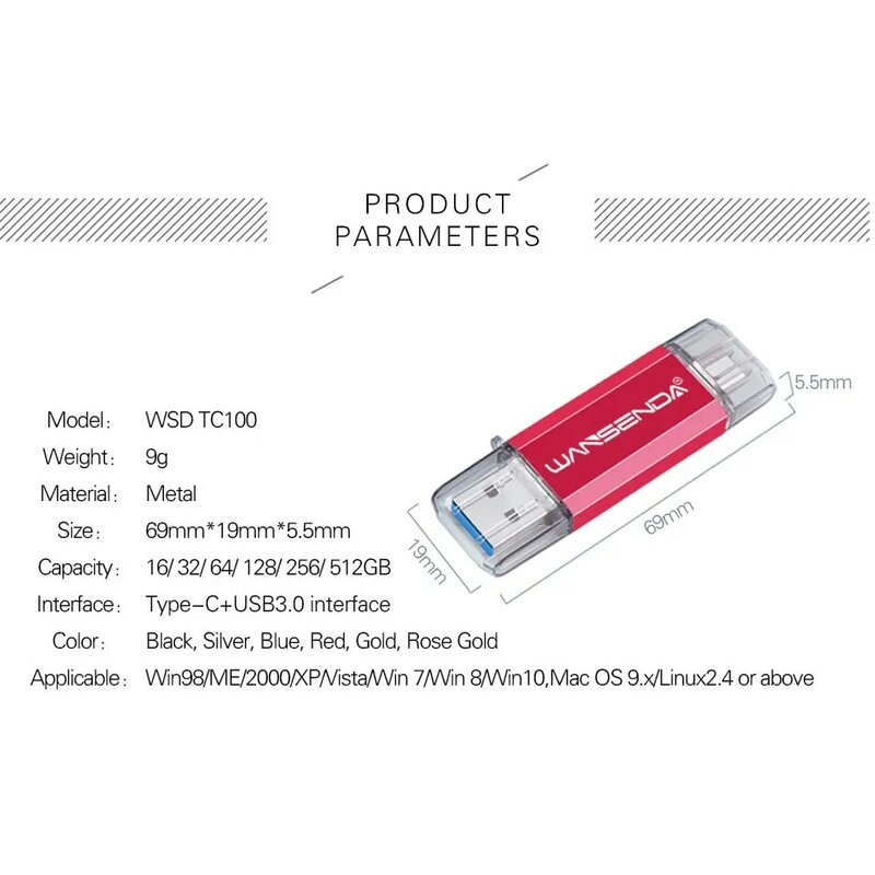 Nuovo WANSENDA USB 3.0 Tipo C USB OTG Flash Drive Pen Drive 32GB 64GB 128GB 256GB 512GB di Memoria USB Pendrive Thumb drive
