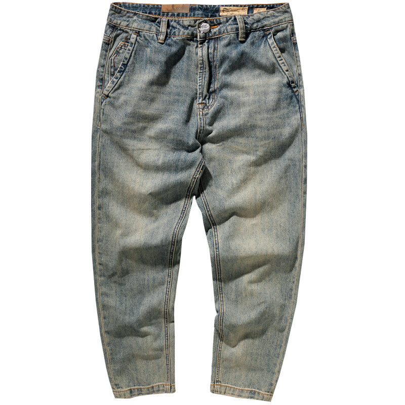 Jeans Lubang Retro Baru Empat Musim Mode Pria Tabung Lurus Longgar Efek Kumis Jalanan Tinggi Celana Sembilan Titik Tua Dicuci