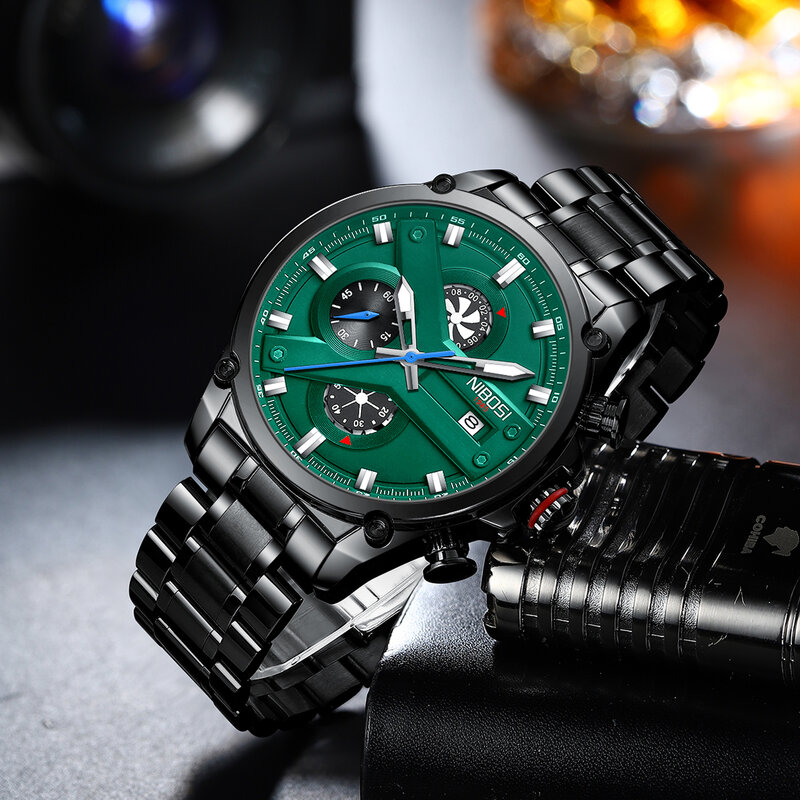 Часы наручные NIBOSI Мужские кварцевые, брендовые Роскошные спортивные полностью стальные водонепроницаемые с хронографом