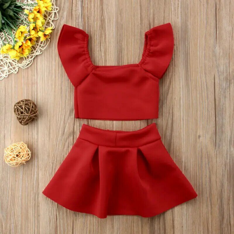 2020 новые модные красные комплекты одежды для девочек топы с открытыми плечами и юбка с бантом летняя одежда из 2 предметов для детей 0-4 лет