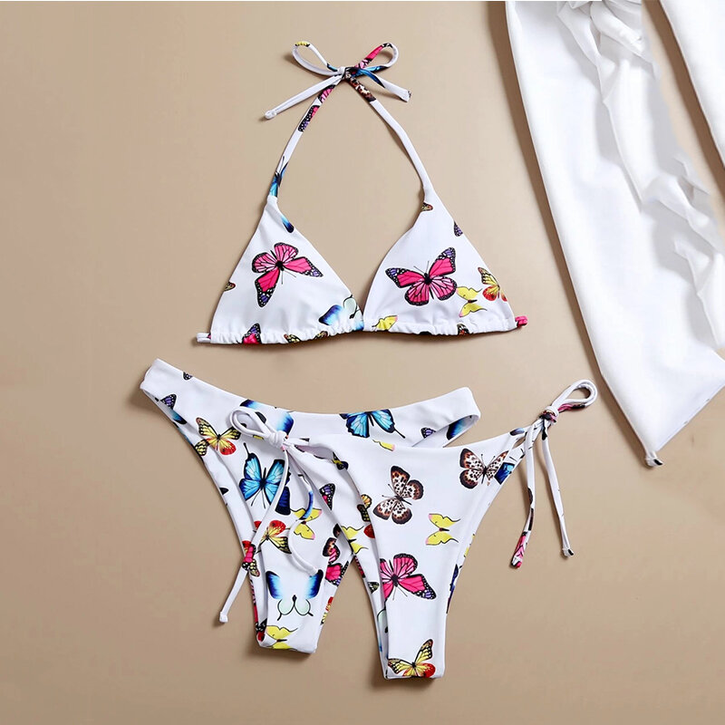 Mossha Triangle sexy bikini set Halter swimwear 2020 Butterfly printed women's swimsuit Female bathing suit 3 piece suit Bathers