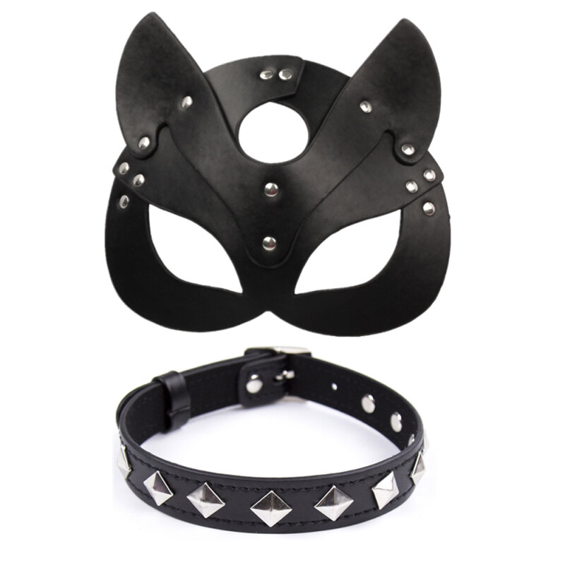Porno cabeza de Fetiche máscara látigo BDSM Collar Bondage de cuero de la PU de gato máscara de Halloween juego de roles sexo juguetes para la mujer Cosplay Prop