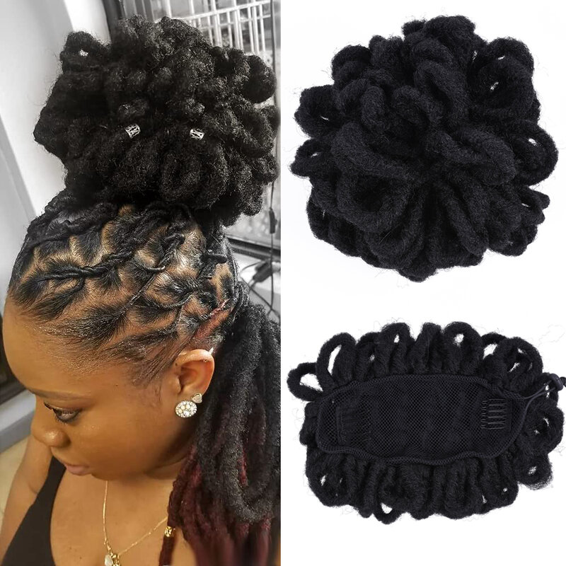 Short Afro Puff Dreadlocks Drawstring Ponytail Synthetic Hair Locs Braided Bun for Women Pony Tail Hairpieces Clip in Extentions