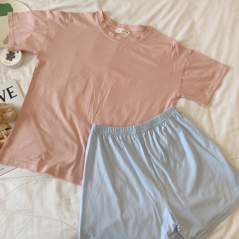 Женская Хлопковая пижама, розовая футболка, синие брюки, простой свободный костюм из двух предметов с коротким рукавом, свежая летняя тонка...