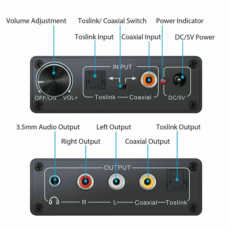 Hifi DAC Amp 디지털-아날로그 오디오 컨버터, RCA 3.5mm 헤드폰 앰프 Toslink 광 동축 출력 휴대용 dac 24bit