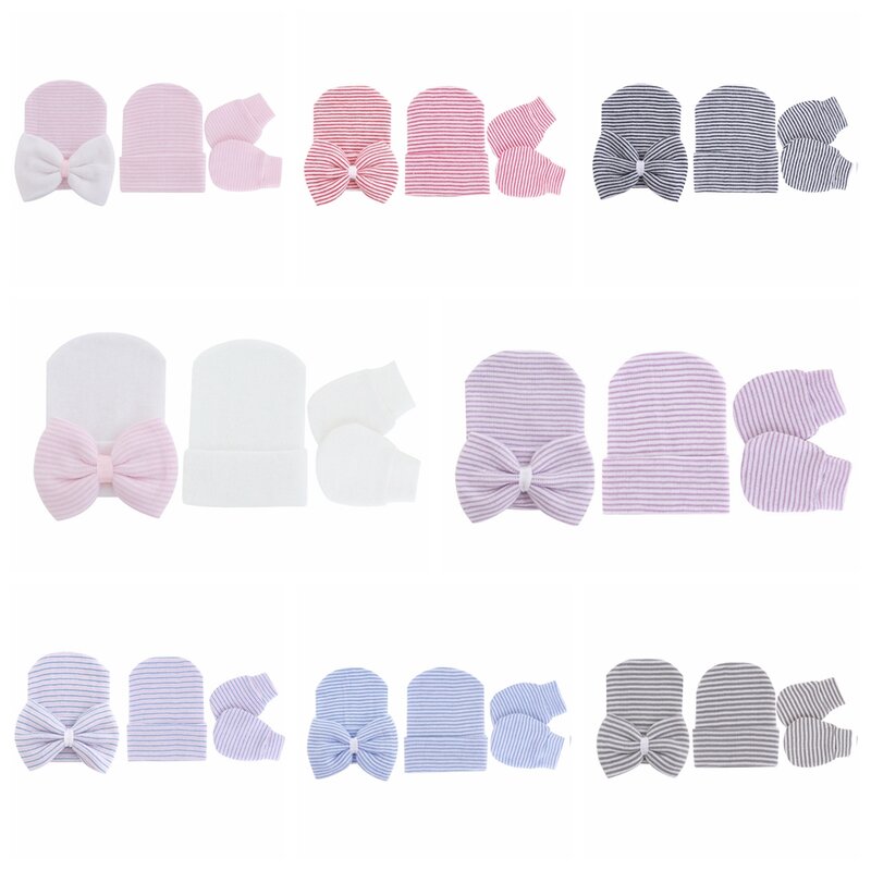 Детские мягкие вязаные шапки и перчатки, набор из трех предметов, милая полосатая шапка с бантом для новорожденных, Защитные рукавицы для ру...