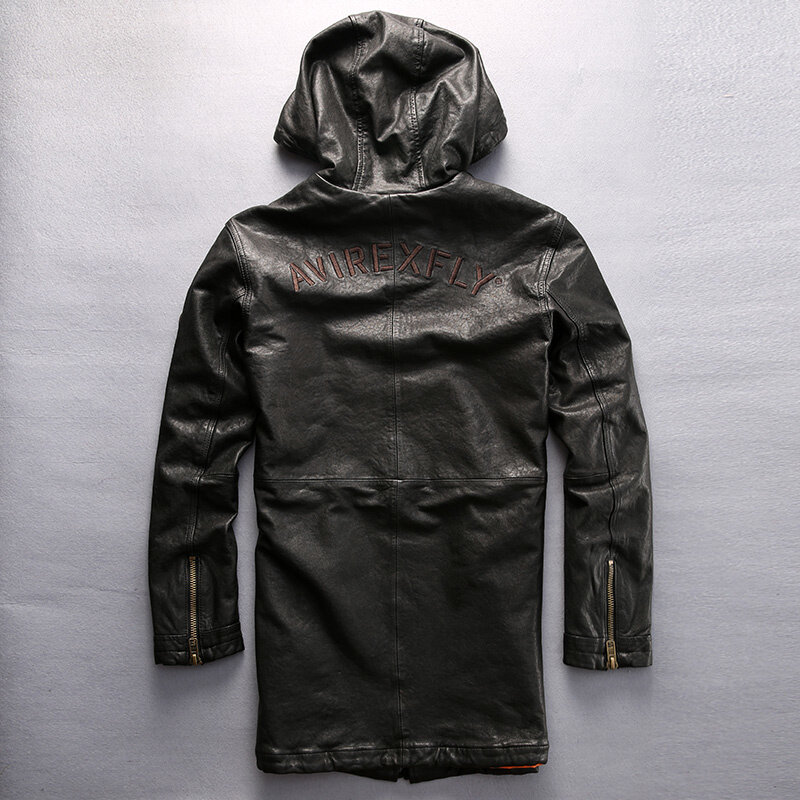แฟชั่น Hooded Long เสื้อหนังผู้ชายสีดำ2022สินค้าใหม่ Sping Hood สายหนังสำหรับผู้ชายเสื้อ