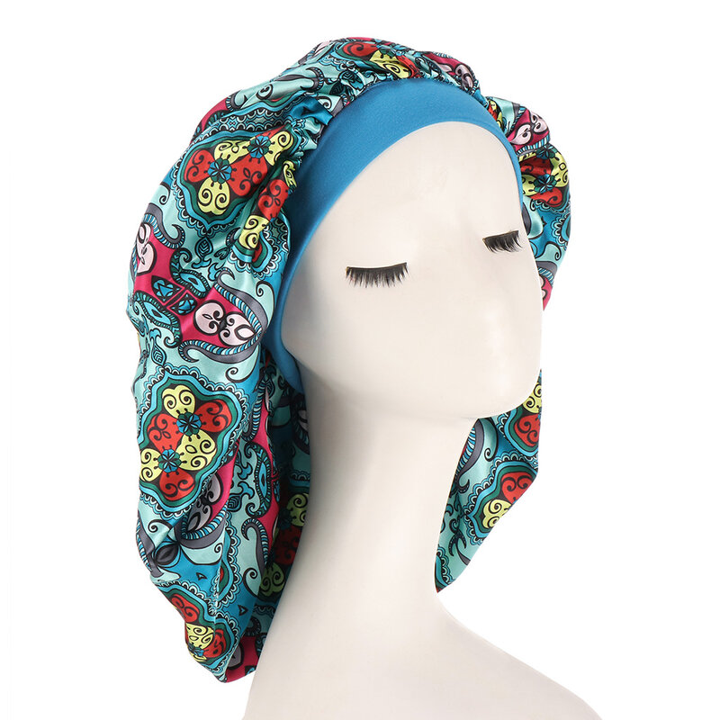New Women Large Satin Bonnet Silk Sleep Night Cap Head Cover Bonnet Headwrap Hat Hair Wrap Accessories Print Satin Night Hat
