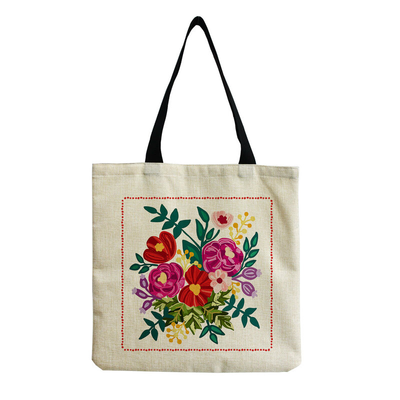 YUECIMIE-Bolso de hombro con estampado de flores para mujer, bolsa de hombro de playa al aire libre, de tela de lino, informal, plegable, de compras