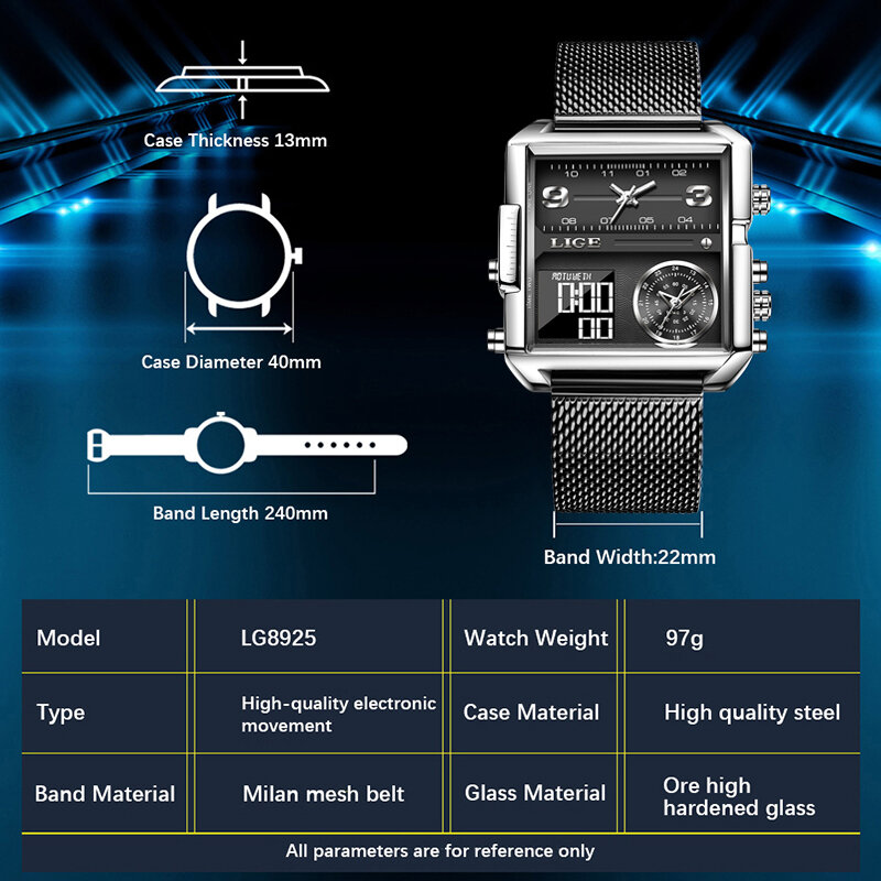 Часы наручные LIGE Мужские кварцевые, брендовые роскошные квадратные цифровые спортивные водонепроницаемые с секундомером, 2022