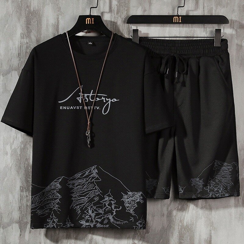 Camisa masculina + shorts definir verão 2021 nova respirável casual t camisa correndo conjunto moda harajuku impresso masculino esporte terno