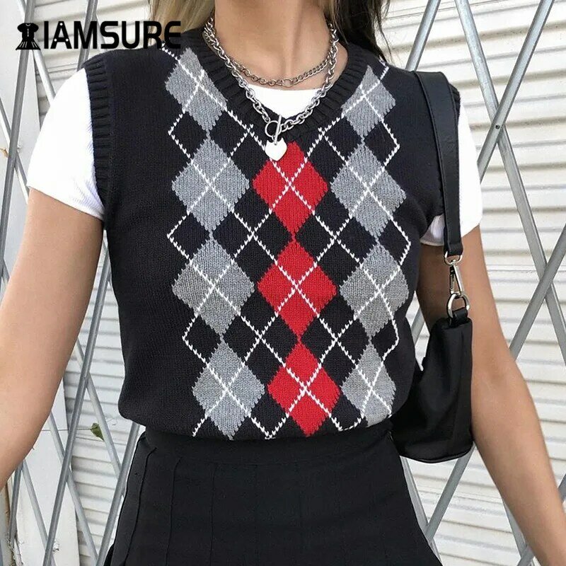 Iamsure outono moda argyle xadrez camisola colete para mulher estilo preppy decote em v estético tops kpop roupas casuais 90s colete doce