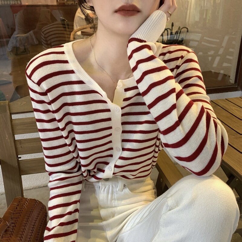 Striped Knitted Cardigan Women's 2021 New Early Autumn Korean Chic Thin Sweater Coat Long Sleeve Top