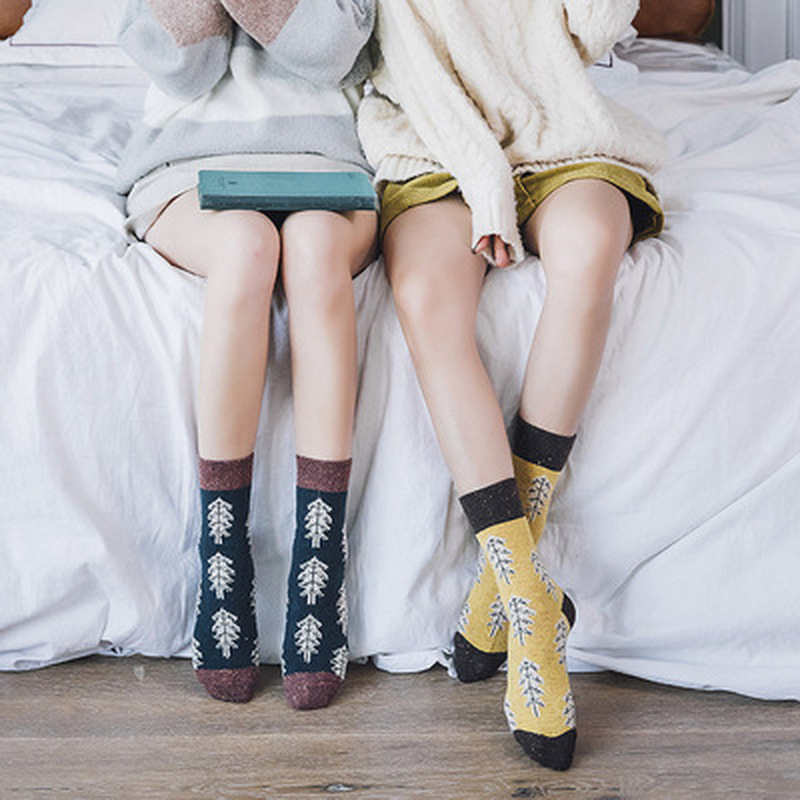 2020 estilo japonês outono inverno feminino meias de lã argila-colorido chiffon senhoras meias quentes com árvore de natal engrossado 134