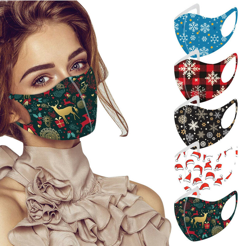 5pc大人のクリスマス印刷フェイスマスク洗える口生地フェイシャルマスク保護のための再利用可能なサンタイヤーループ口キャップキャップ маска
