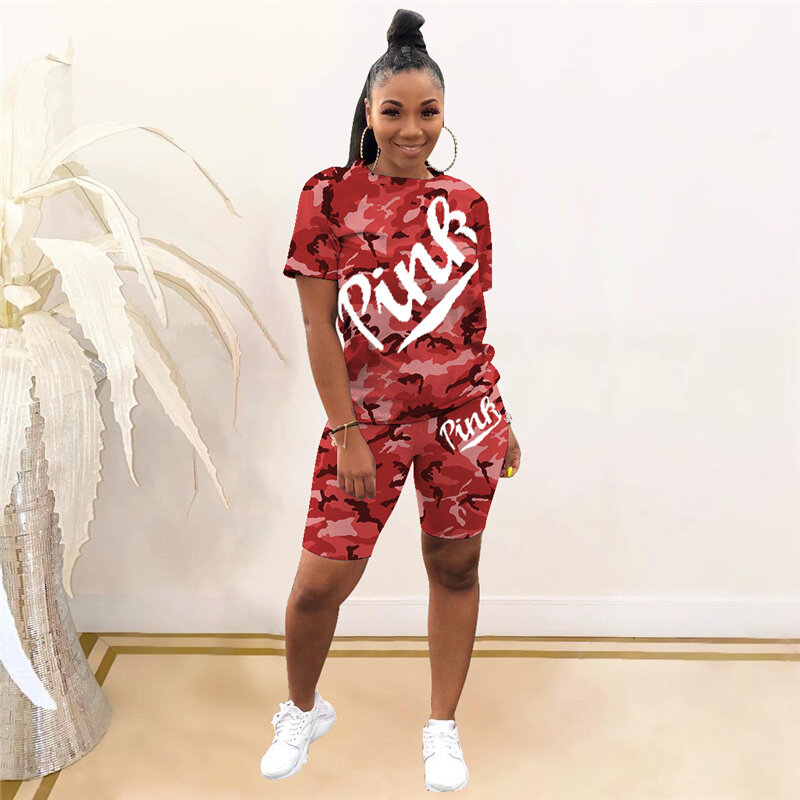 Camouflage 2021 Sporty Casual Two Piece Set Summer New Tracksuits Pink Letter Print Outfits 3XL Tops+Biker Shorts Jogger Suits