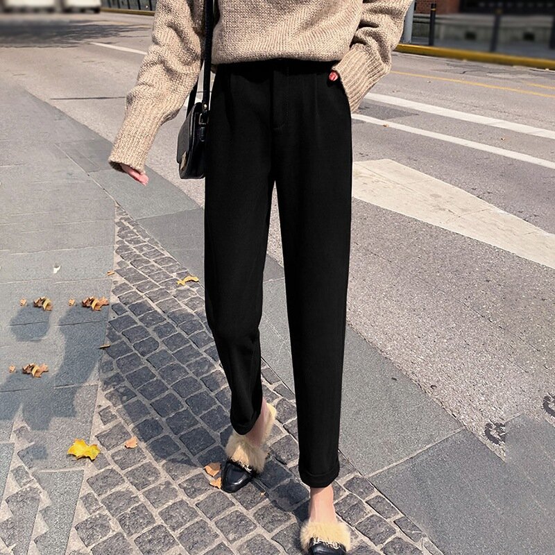 2XL autunno inverno stile coreano retrò Casual vita alta Slim dritto pantaloni a nove punte Harem pantaloni neri da donna in cotone Plus Size