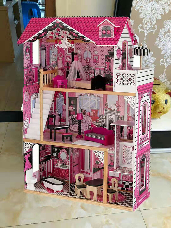 80*42*120cm Girls Pink Wooden Doll House Luxury Wooden Doll Villa with Doll Furniture Princess House Pretend Toy Birthday Gift