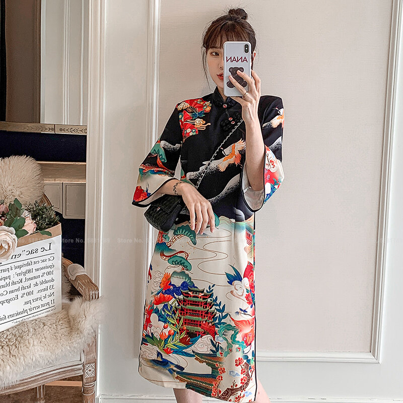 สไตล์จีน Cheongsam แฟชั่นผู้หญิง Elegant Retro Qipao ชุด Lady Party Vintage Vestidos พิมพ์แบบดั้งเดิมเสื้อผ้า