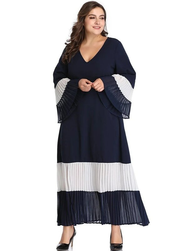 Maxi Kleid 2021 Plus Größe Casual Schwarz Und Weiß Patchwork Stitching Kontrast Passenden Plissee V-ausschnitt Ankle Rock Lose Hause