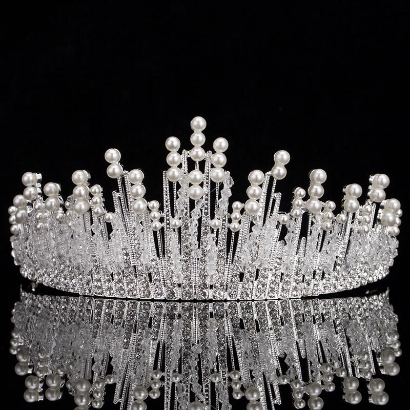 Тиары и короны серебряного цвета с бусинами и жемчугом Стразы головные повязки для женщин Свадебные аксессуары для волос Princess diadema
