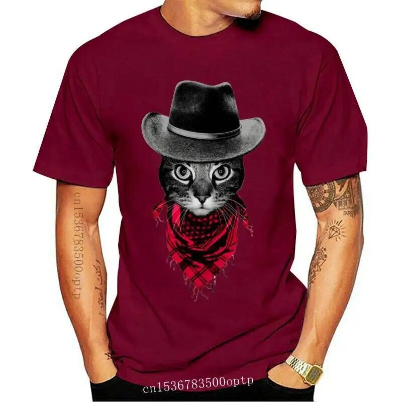 Camiseta con estampado Retro de gato vaquero para hombre, camisetas de algodón de 100%, camisetas gráficas de manga corta, 2021