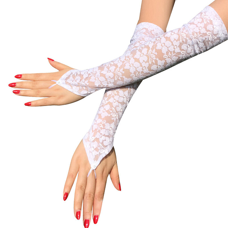 1 pares vestido Sexy de fiesta de encaje guante mujeres liso Floral impresión guantes sin dedos guantes de estirar el brazo codo guantes protector solar de verano guantes
