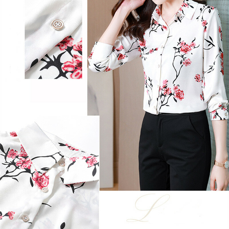 2021 Vintage Women's Shirt Printed Floral Blouses for Women Silk Satin Long Sleeve Top Women Polo Neck Clothing Office Lady Tops