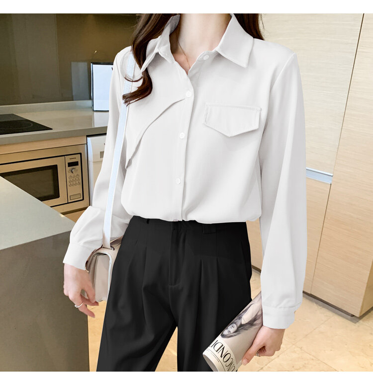 Design shirt women's spring and autumn new French style retro design shirt top  button up shirt  Turn-down Collar  Button