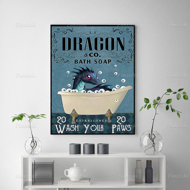O sabão do banho do dragão lava suas patas posters animais retro arte da parede imprime a pintura da lona fotos modulares toalete, presente da decoração do banheiro