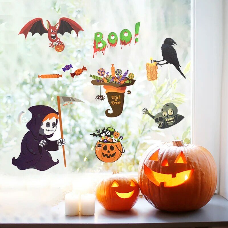 Pegatina de Pvc de dibujos animados para decoración de Halloween, pegatina de ventana de vidrio con diseño de murciélago, calabaza, fantasma, calcomanías de pared para habitación de niños, decoración del hogar