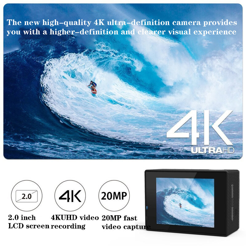 Câmera de ação 4k ultra hd 30fps wifi, câmera de gravação de vídeo à prova d'água submersa de 30m wifi, câmera de esporte com controle remoto 170d