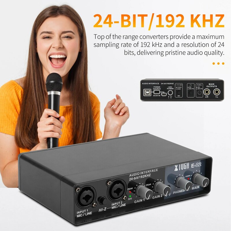 Interfejs Audio XTUGA E22 karta dźwiękowa z monitorowaniem, gitara elektryczna nagrywanie na żywo profesjonalna karta dźwiękowa do studia, śpiewanie