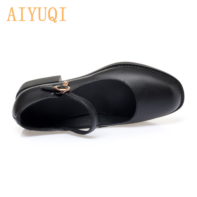 Aiyuqi sapatos femininos de couro genuíno 2021 novo mid-heel mary jane sapatos femininos moda brilhante grande tamanho senhoras sapatos de escritório