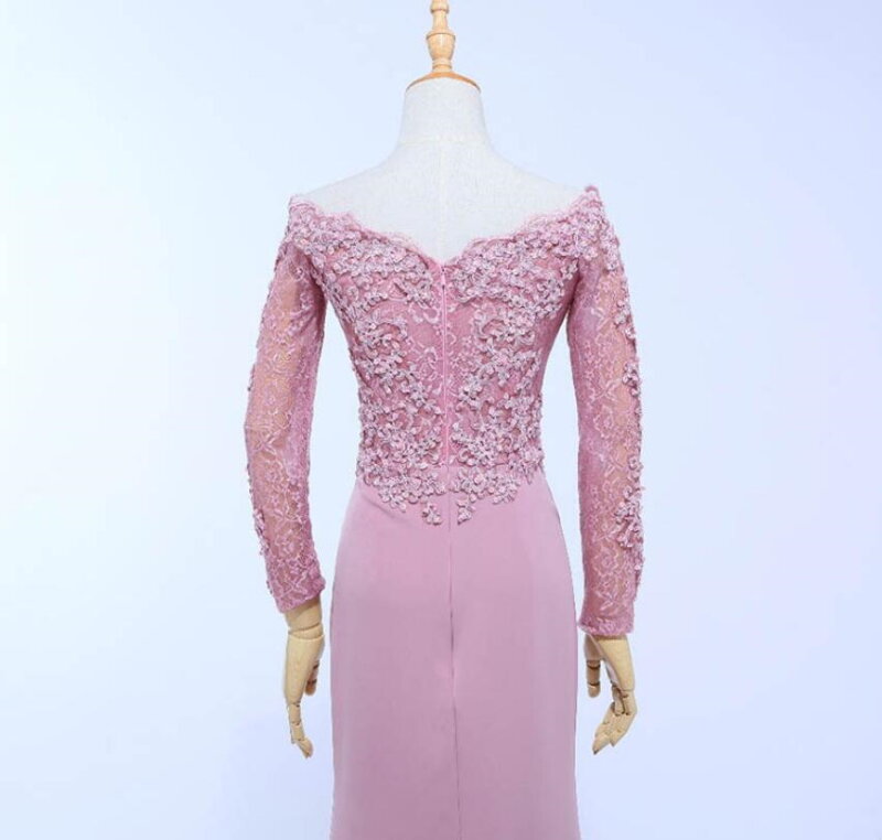 2021 nowe wzory z długim rękawem płaszcza dekolt Sweep pociąg Satin Lace formalna Sheer koronkowa sukienka dla druhny dla kobiet