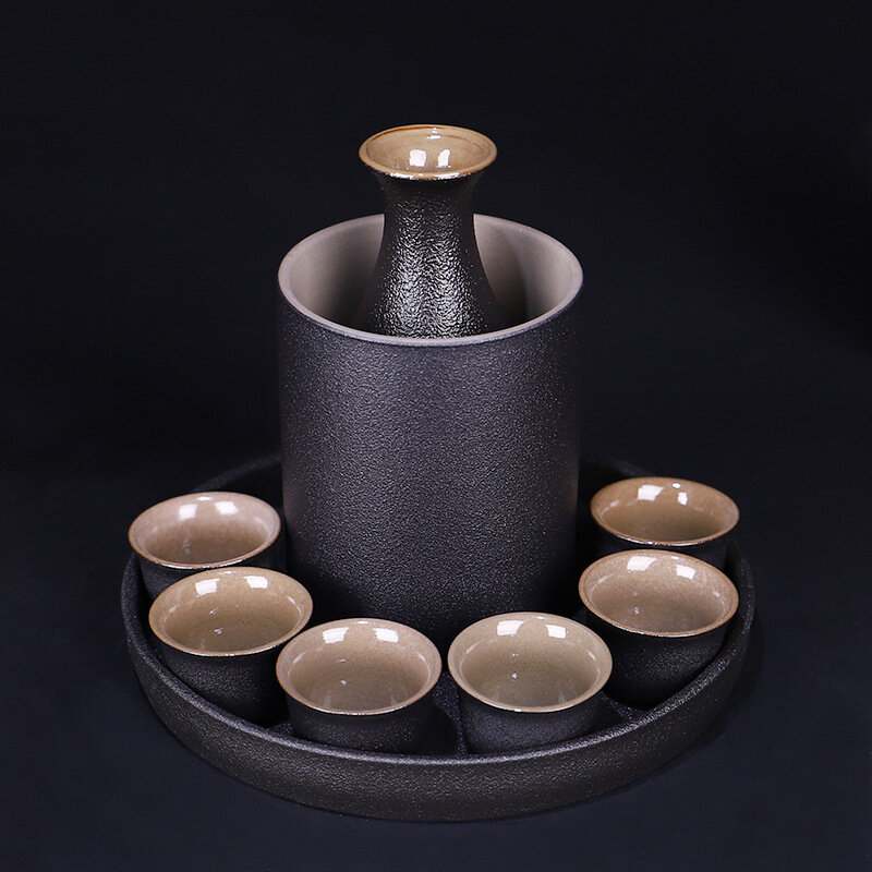Estilo japonês cerâmica saquê pote copo conjunto preto cerâmica licor garrafa de vinho copos bandeja 9 pçs/set