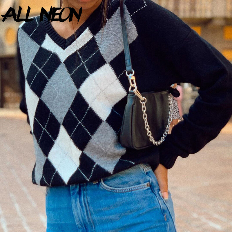 ALLNeon Indie estetyka Argyle Plaid dzianiny Y2K swetry Harajuku V-neck z długim rękawem swetry e-girl Vintage Streetwear jesień
