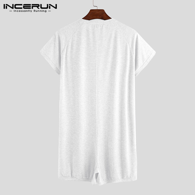 INCERUN เสื้อกันหนาวแฟชั่นผู้ชายชุดนอน Playsuit ชุดนอน Jumpsuit Breathable ปุ่มสั้นแขนเสื้อบาง2022ผู้ชาย Romper Homewear S-5XL