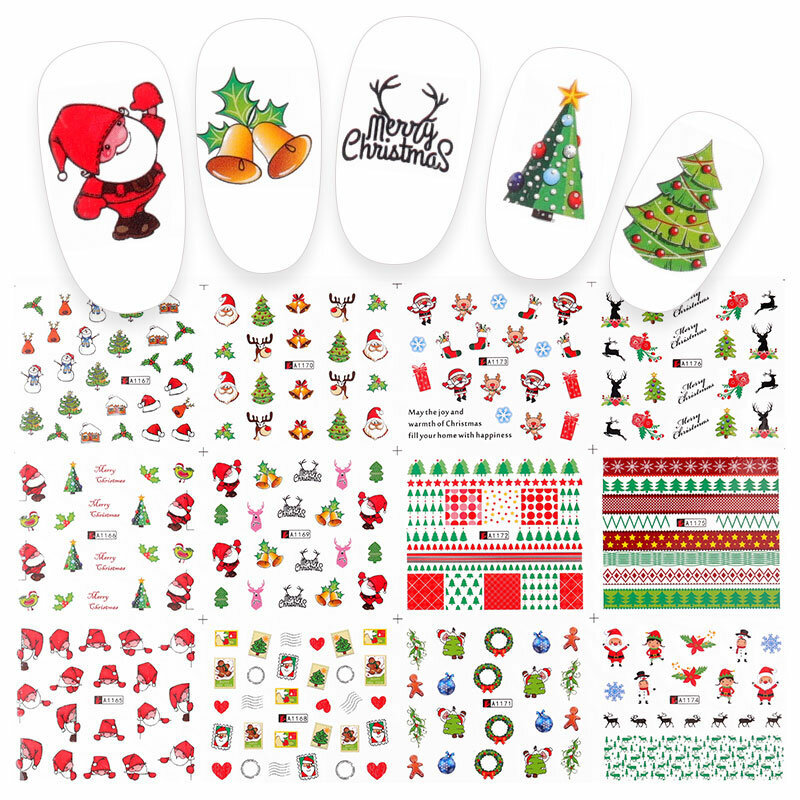 HNUIX 48 pcs Christmas Nail Stickers Water Decals Snowman Santa Claus Nail Art New Year Slider Manicure Rounds Complete Tool BN