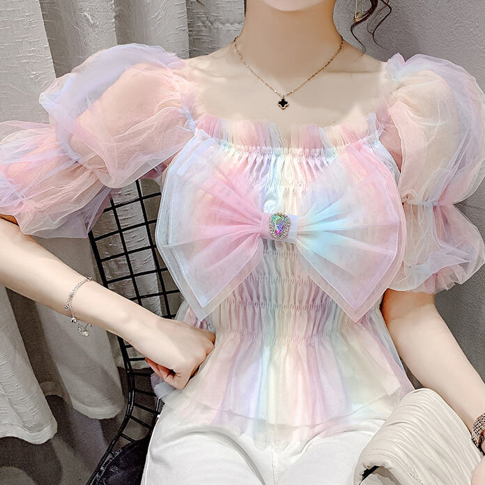フランスの正方形の襟付きチューブ,柔らかい虹色,女性用ガーゼトップ,夏のデザイン,2021