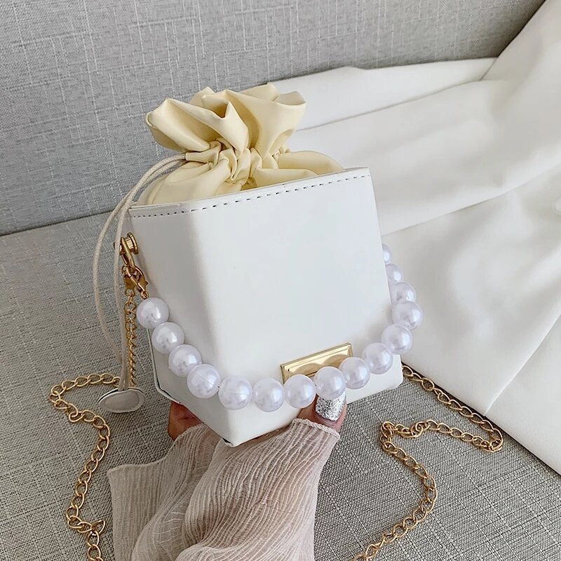 MiNi Ladies Handbags Pearl Chain Top-Handle Bucket Bag Leather Candy Color Purse Branded Crossbody Shoulder Bag for Women Sale