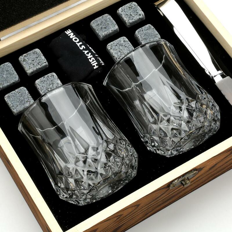 Batu Wiski dan Set Kotak Hadiah Kaca Wiski-8 Batu Wiski Dingin Granit + 2 Gelas Dalam Kotak Kayu-Hadiah Terbaik untuk Pria Fa