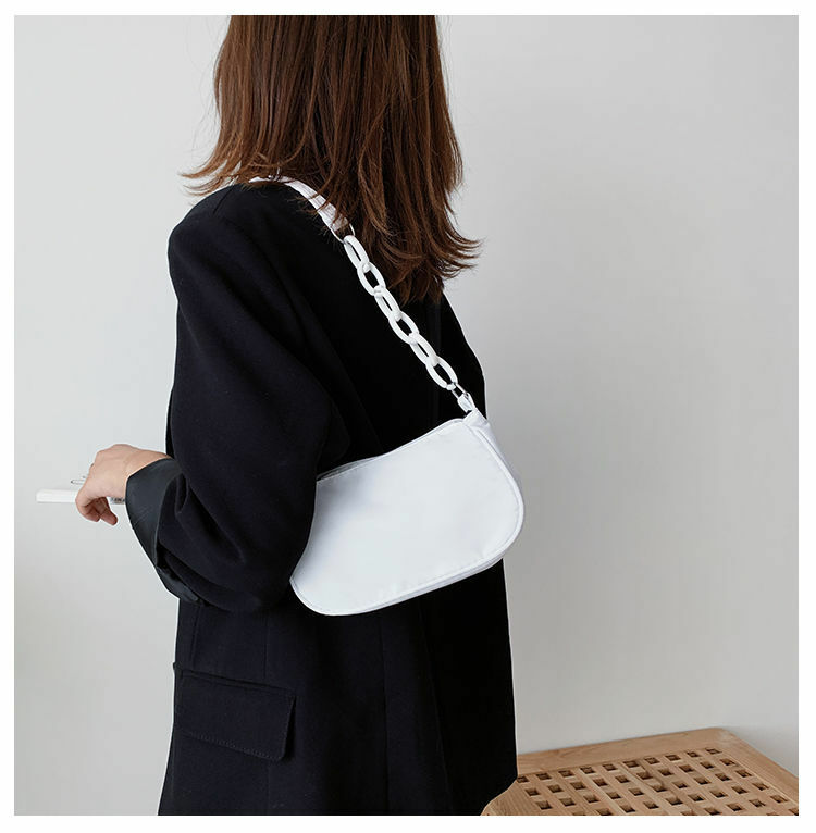 2020 New Hobo Bag,Half Moon Nylon Shoulder Bag,Black /white Chain,Oxford,8 Inch