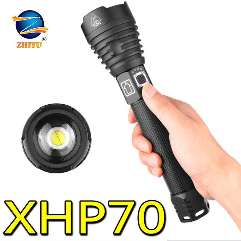 Zhiyu-lanterna led poderosa xhp50 com flash de luz, recarregável por usb, à prova d'água, zoom, super brilhante, acampamento, aventura
