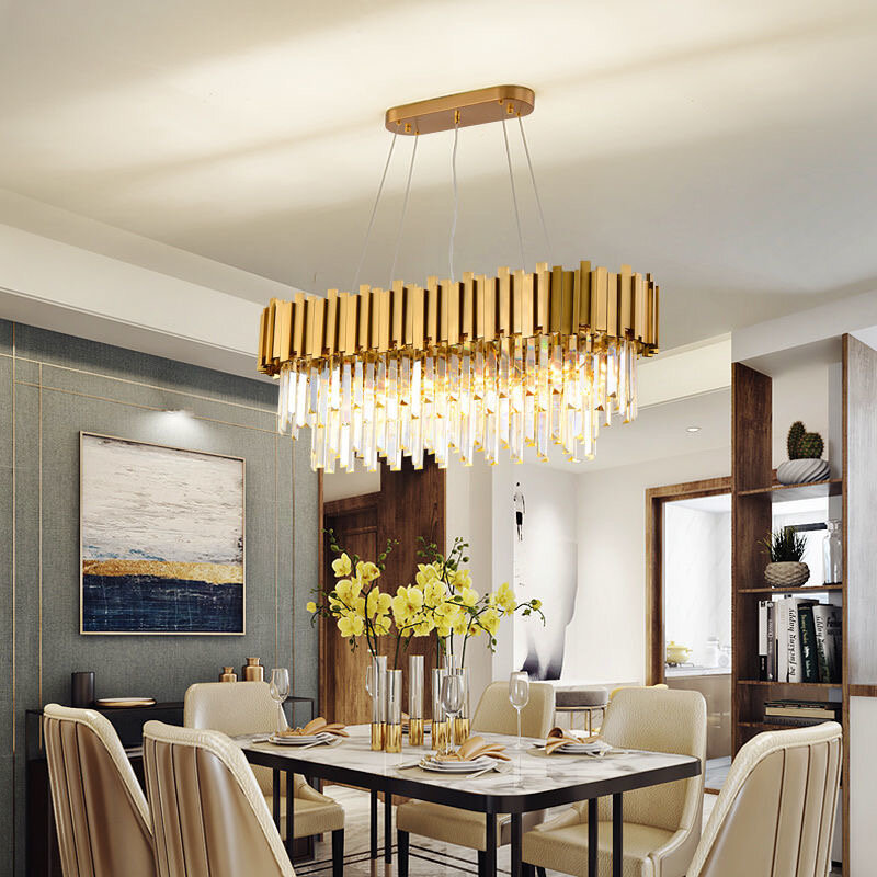 Modern luxury crystal LED restaurant ceiling lamp golden rectangular living room villa lighting bedroom hotel special lighting