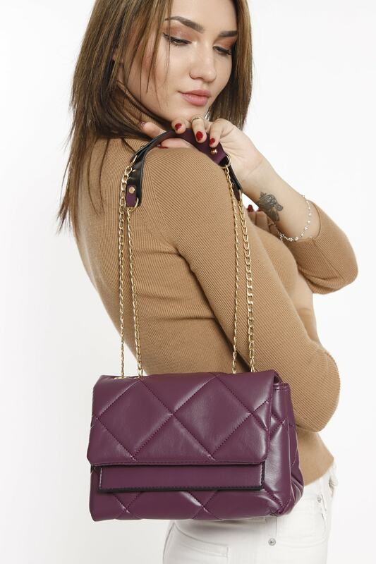 Women's Purple Chain Detailed Shoulder Bag Fashion Trend Shoulder Strap Waterproof Velvet Leather Casual Women's Shoulder Bag